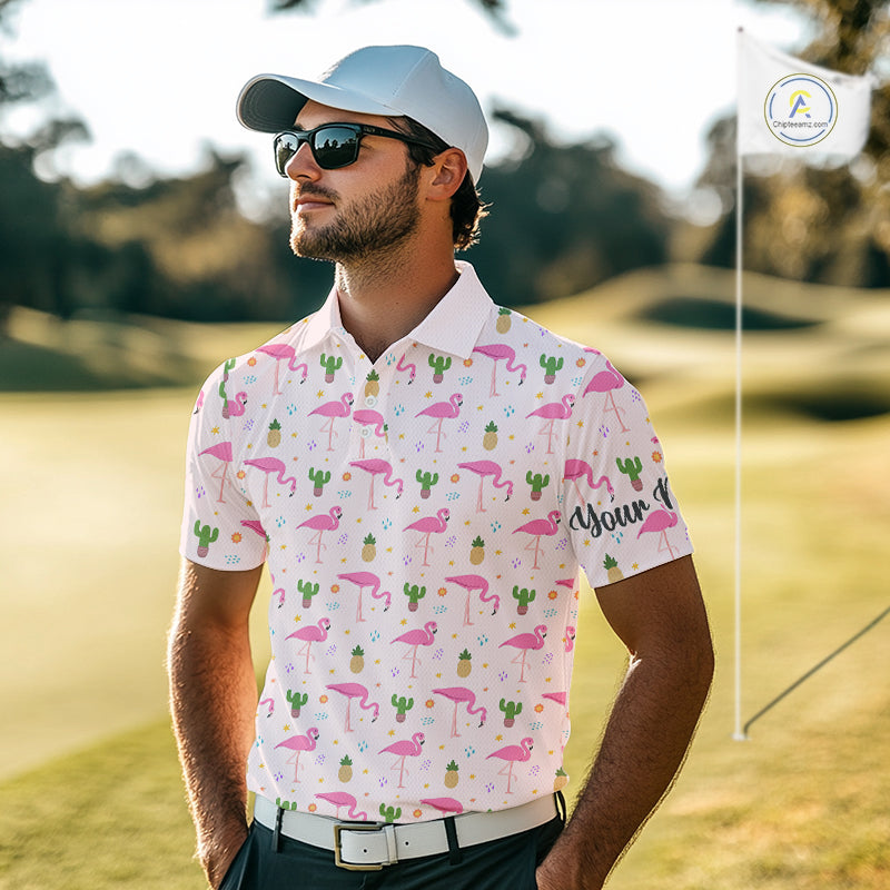 Pink Flamingo Pattern Mens Golf Polo Shirts Custom Funny Desert Cactus Team Golf Tops For Men, Golf Gifts NHN0184