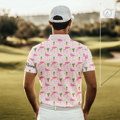 Pink Flamingo Pattern Mens Golf Polo Shirts Custom Funny Desert Cactus Team Golf Tops For Men, Golf Gifts NHN0184