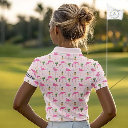 Pink Flamingo Pattern Womens Golf Polo Shirts Custom Funny Desert Cactus Team Ladies Golf Tops, Golf Gift NHN0184