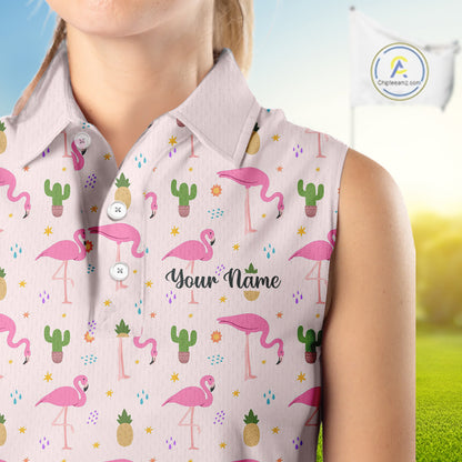 Desert Pink Flamingo Pattern Womens Sleeveless Golf Polo Shirts Custom Funny Team Ladies Golf Tops NHN0184