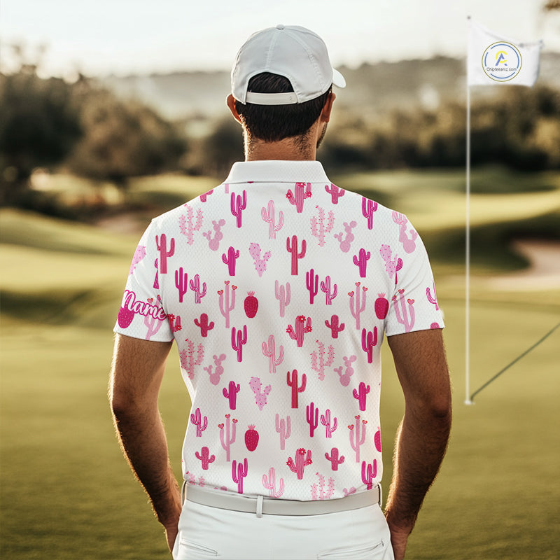 Funny Pink Cactus Pattern Mens Golf Polo Shirts Custom Cactus Golf Attire For Men, Golfer Gift NHN0185