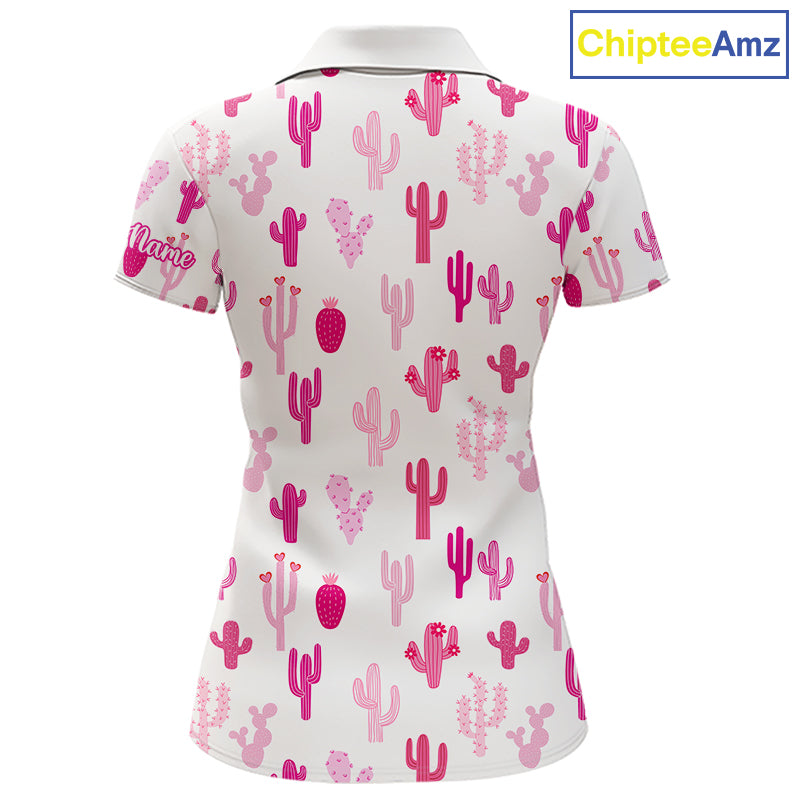 Funny Pink Cactus Pattern Womens Golf Polo Shirts Custom Cactus Ladies Golf Attire, Golfer Gift NHN0185