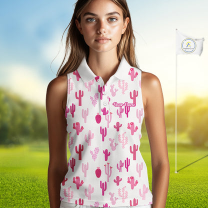 Funny Pink Cactus Pattern Womens Sleeveless Golf Polo Shirts Custom Cactus Ladies Golf Attire, Golf Gift NHN0185