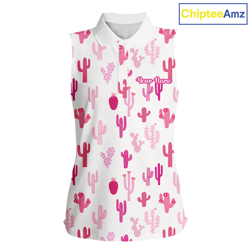 Funny Pink Cactus Pattern Womens Sleeveless Golf Polo Shirts Custom Cactus Ladies Golf Attire, Golf Gift NHN0185