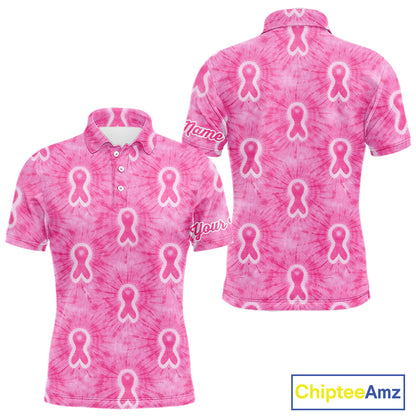 Pink Breast Cancer Golf Shirt Custom Name Tie Dye Mens Golf Polo Shirt Personalized Golf Gifts NHN0188