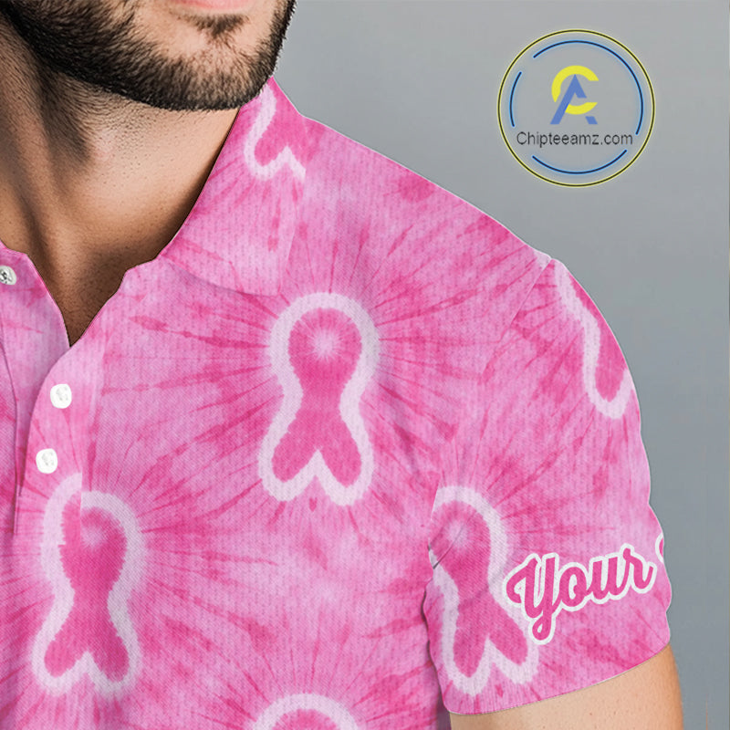 Pink Breast Cancer Golf Shirt Custom Name Tie Dye Mens Golf Polo Shirt Personalized Golf Gifts NHN0188