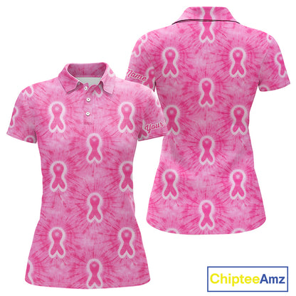 Pink Breast Cancer Golf Shirt Custom Name Tie Dye Women Golf Polo Shirt Personalized Golf Gifts NHN0188