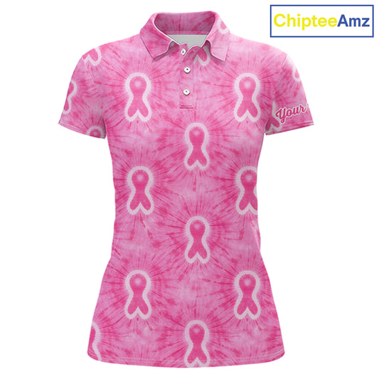 Pink Breast Cancer Golf Shirt Custom Name Tie Dye Women Golf Polo Shirt Personalized Golf Gifts NHN0188