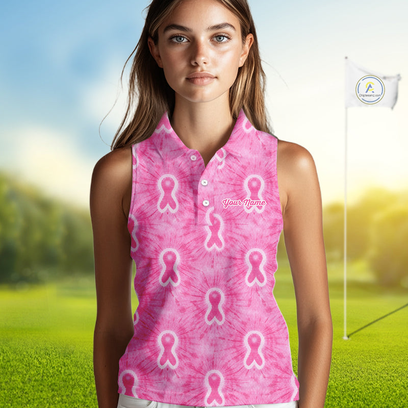 Pink Breast Cancer Golf Shirt Custom Tie Dye Womens Sleeveless Golf Polo Shirt, Pink Golf Gifts NHN0188