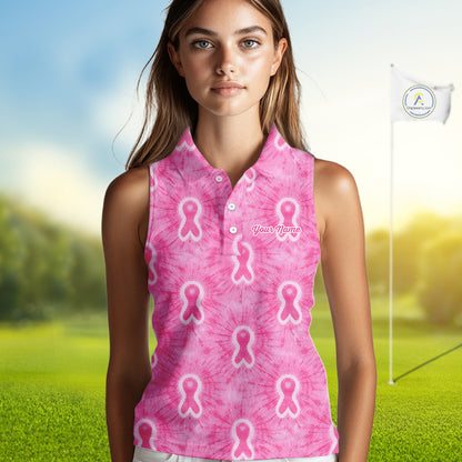 Pink Breast Cancer Golf Shirt Custom Tie Dye Womens Sleeveless Golf Polo Shirt, Pink Golf Gifts NHN0188
