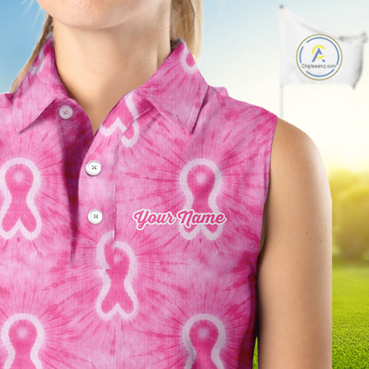Pink Breast Cancer Golf Shirt Custom Tie Dye Womens Sleeveless Golf Polo Shirt, Pink Golf Gifts NHN0188