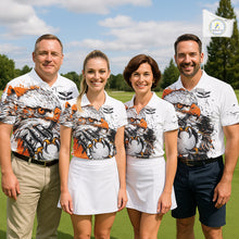 Load image into Gallery viewer, Custom Womens Golf Polo Shirt Orange &amp; White Grunge Ripped Eagle Grasping Golf Ball Golf Apparel NHN0054