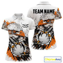 Load image into Gallery viewer, Custom Womens Golf Polo Shirt Orange &amp; White Grunge Ripped Eagle Grasping Golf Ball Golf Apparel NHN0054
