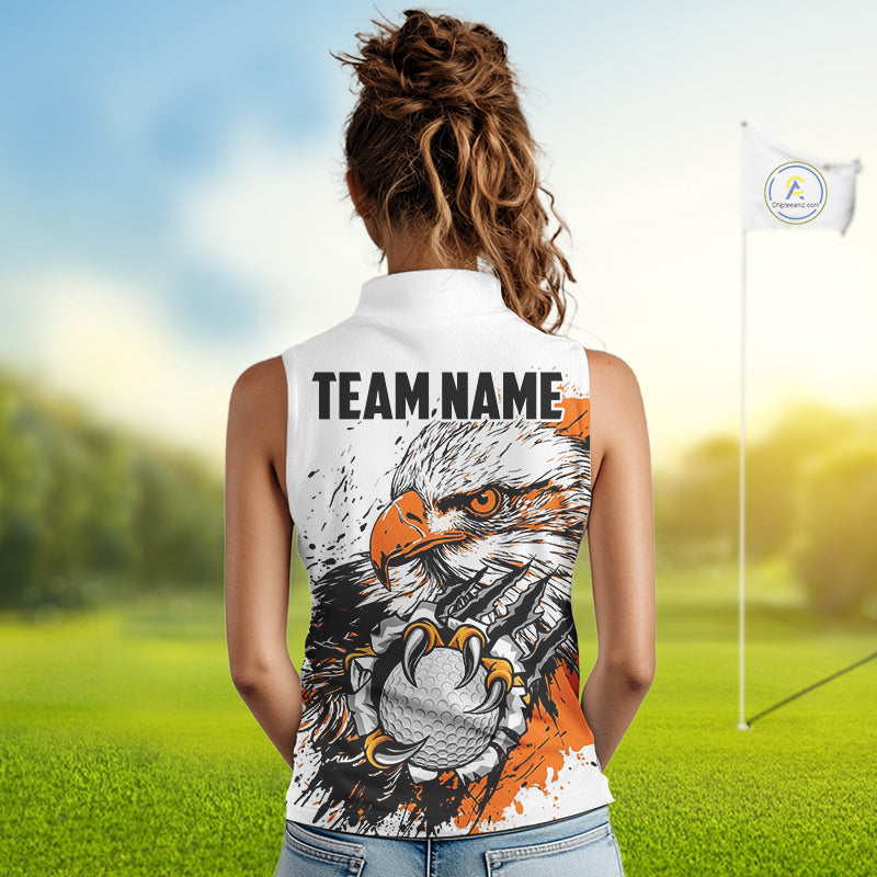 Womens Sleeveless Golf Polo Shirt Custom Orange And White Grunge Eagle Grasping Golf Ball, Golf Gifts NHN0054
