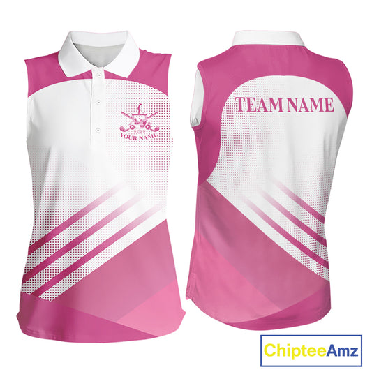 Womens Sleeveless Golf Polo Shirt Custom Pink And White Pattern Golf Cart & Golf Ball Design NHN0059
