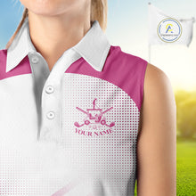 Load image into Gallery viewer, Womens Sleeveless Golf Polo Shirt Custom Pink And White Pattern Golf Cart &amp; Golf Ball Design NHN0059