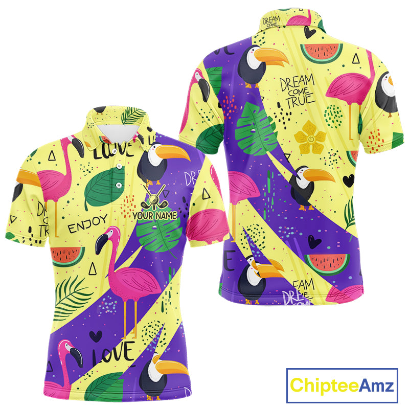 Funny Mens Golf Polo Shirt Custom Tropical Summer Pattern Flamingo Golf Shirts For Men NHN0195