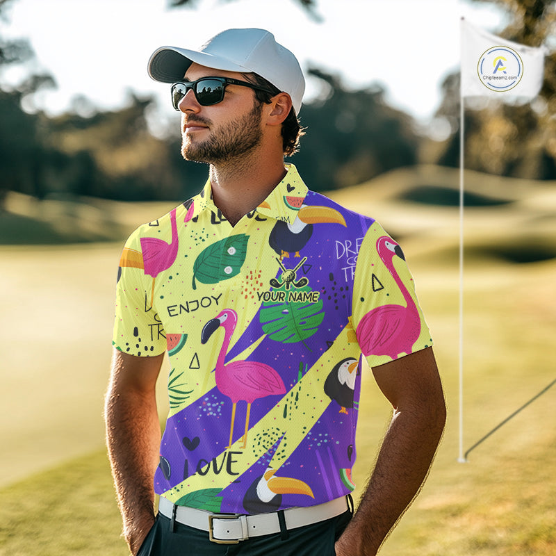 Funny Mens Golf Polo Shirt Custom Tropical Summer Pattern Flamingo Golf Shirts For Men NHN0195