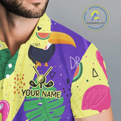 Funny Mens Golf Polo Shirt Custom Tropical Summer Pattern Flamingo Golf Shirts For Men NHN0195
