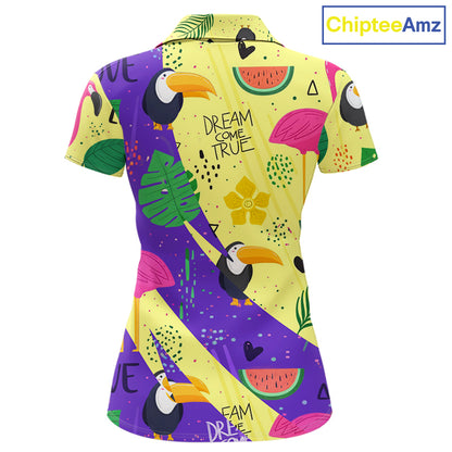 Funny Womens Golf Polo Shirt Custom Tropical Summer Pattern, Flamingo Golf Shirts For Ladies NHN0195