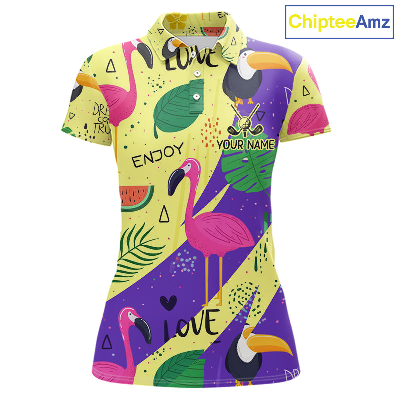 Funny Womens Golf Polo Shirt Custom Tropical Summer Pattern, Flamingo Golf Shirts For Ladies NHN0195