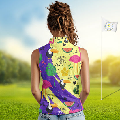 Funny Womens Sleeveless Golf Polo Shirt Custom Tropical Summer Pattern, Flamingo Golf Shirt For Ladies NHN0195