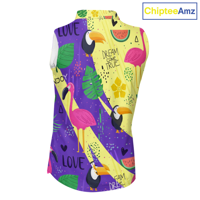 Funny Womens Sleeveless Golf Polo Shirt Custom Tropical Summer Pattern, Flamingo Golf Shirt For Ladies NHN0195