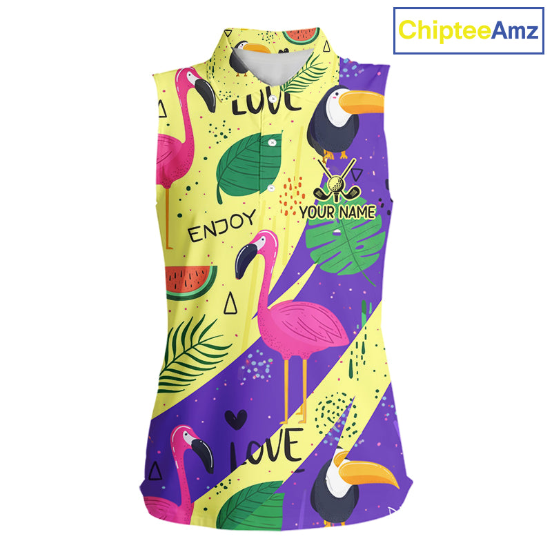 Funny Womens Sleeveless Golf Polo Shirt Custom Tropical Summer Pattern, Flamingo Golf Shirt For Ladies NHN0195