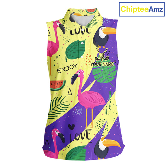 Funny Womens Sleeveless Golf Polo Shirt Custom Tropical Summer Pattern, Flamingo Golf Shirt For Ladies NHN0195