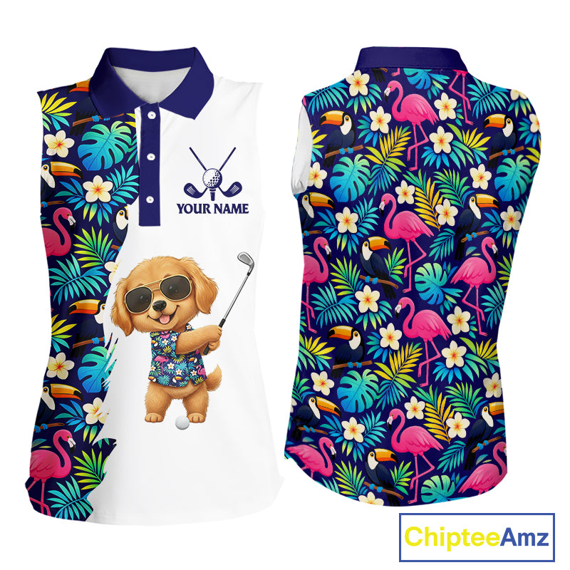 Funny Womens Sleeveless Golf Polo Shirt Custom Tropical Golden Retriever Golf Shirt, Dog Lover Gift NHN0196