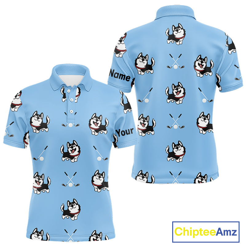 Funny Husky Mens Golf Polo Shirt Custom Blue Golf Clubs Pattern Golf Team Shirt, Dog Lover Gift NHN0065