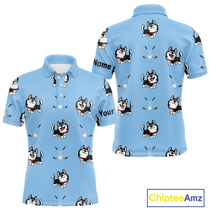 Funny Husky Mens Golf Polo Shirt Custom Blue Golf Clubs Pattern Golf Team Shirt, Dog Lover Gift NHN0065