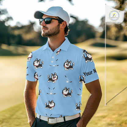 Funny Husky Mens Golf Polo Shirt Custom Blue Golf Clubs Pattern Golf Team Shirt, Dog Lover Gift NHN0065