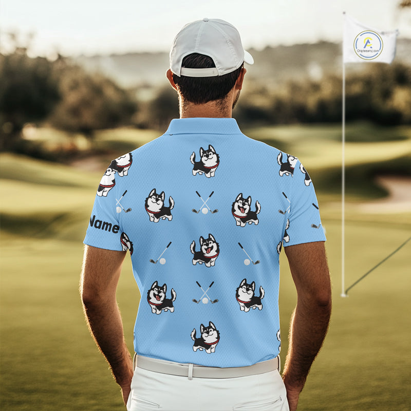 Funny Husky Mens Golf Polo Shirt Custom Blue Golf Clubs Pattern Golf Team Shirt, Dog Lover Gift NHN0065