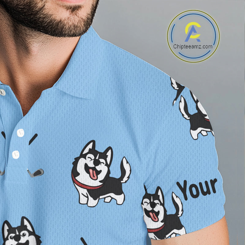 Funny Husky Mens Golf Polo Shirt Custom Blue Golf Clubs Pattern Golf Team Shirt, Dog Lover Gift NHN0065