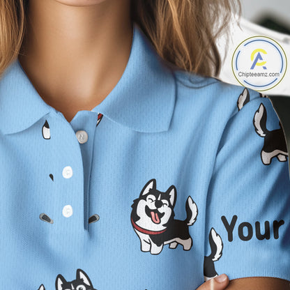 Funny Husky Blue Pattern Custom White Womens Golf Polo Shirts, Team Ladies Golf Tops, Dog Lover Gift NHN0065