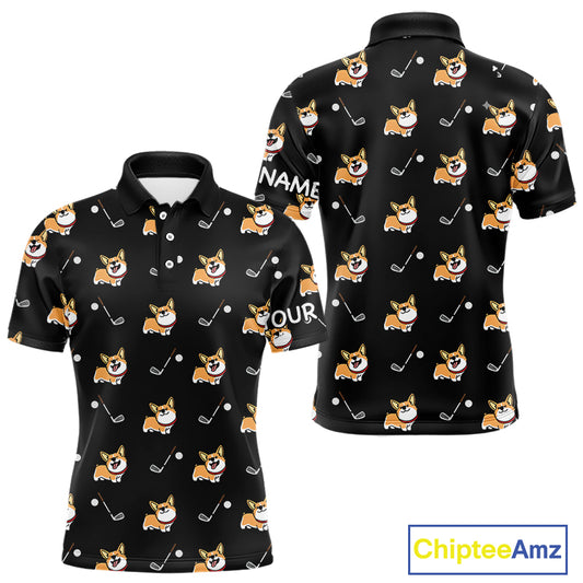 Black Mens Golf Polo Shirt Custom Cute Dogs Corgi Print Golf Shirts For Men, Dog Lover Gift NHN0069