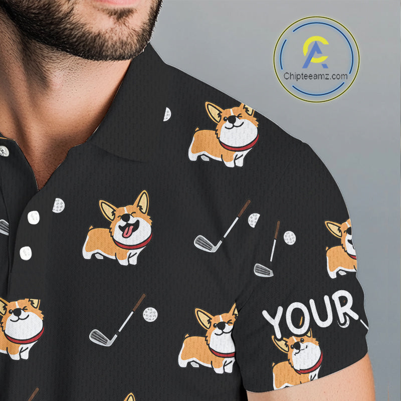 Black Mens Golf Polo Shirt Custom Cute Dogs Corgi Print Golf Shirts For Men, Dog Lover Gift NHN0069