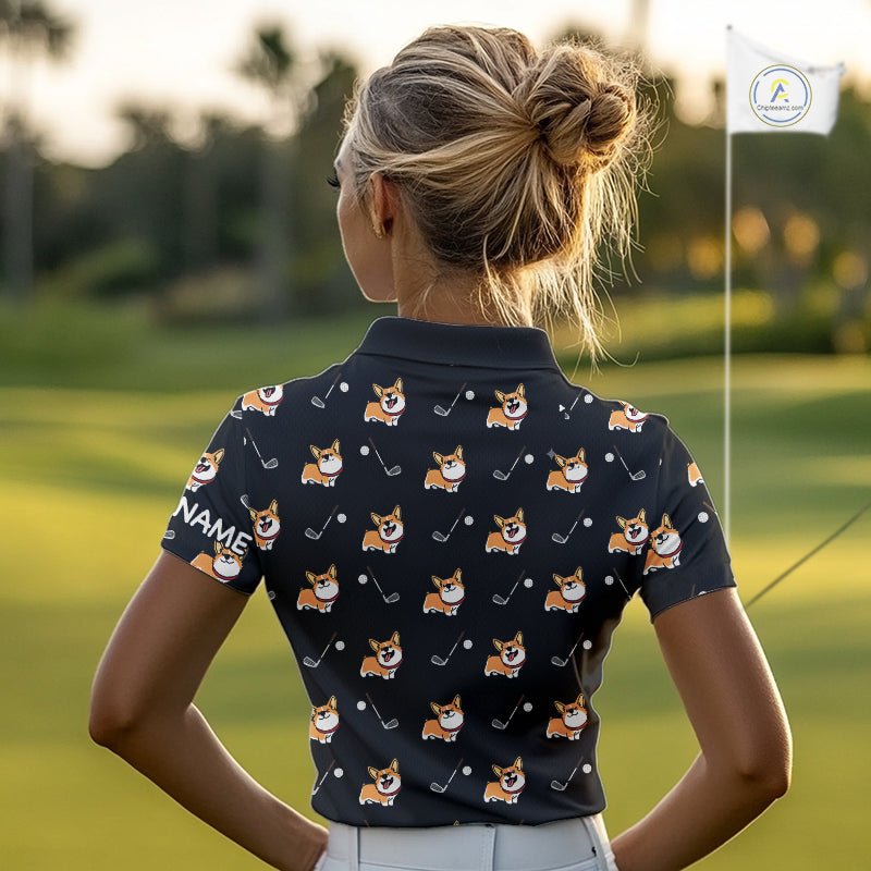Personalized Womens Golf Polo Shirts Custom Cute Dogs Corgi Print Golf Shirts, Funny Ladies Golf Tops NHN0069