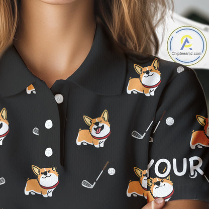 Personalized Womens Golf Polo Shirts Custom Cute Dogs Corgi Print Golf Shirts, Funny Ladies Golf Tops NHN0069
