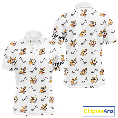 Mens Golf Polo Shirt Custom Cute Dogs Corgi Print White Golf Shirts For Men, Dog Lover Gift NHN0069