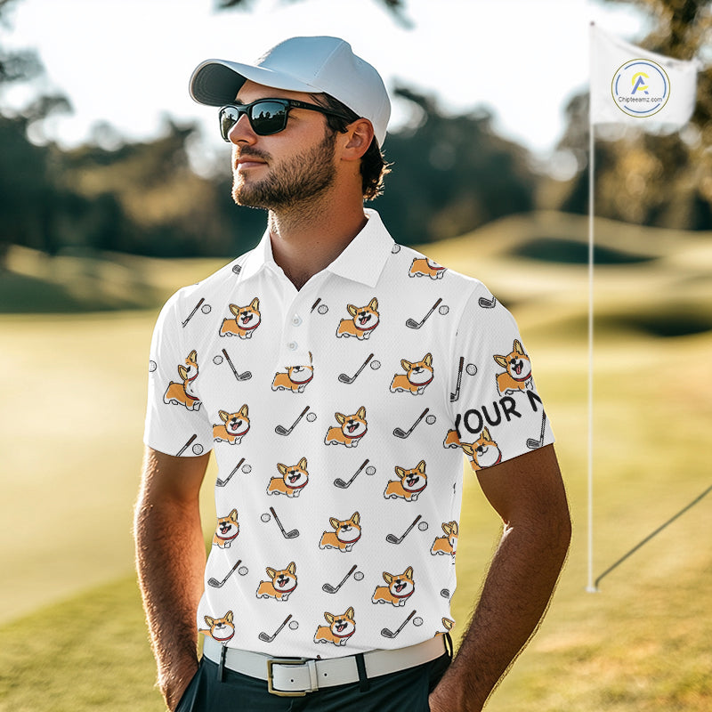 Mens Golf Polo Shirt Custom Cute Dogs Corgi Print White Golf Shirts For Men, Dog Lover Gift NHN0069