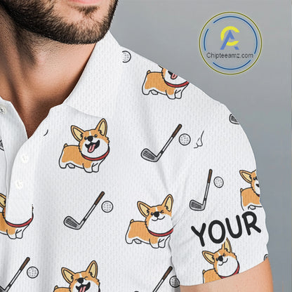 Mens Golf Polo Shirt Custom Cute Dogs Corgi Print White Golf Shirts For Men, Dog Lover Gift NHN0069