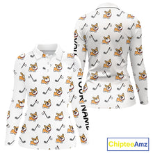 Load image into Gallery viewer, Womens Long Sleeve Golf Polo Shirt Custom Cute Dogs Corgi Print White Golf Shirts, Dog Lover Gift NHN0069