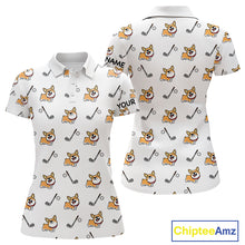 Load image into Gallery viewer, Womens Golf Polo Shirt Custom Cute Dogs Corgi Print White Golf Shirts For Women, Dog Lover Gift NHN0069