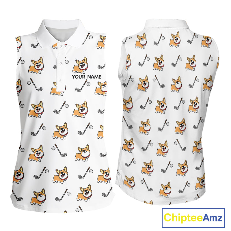 Womens Sleeveless Golf Polo Shirt Custom Cute Dogs Corgi Print White Golf Shirts, Dog Lover Gift NHN0069