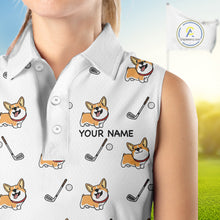 Load image into Gallery viewer, Womens Sleeveless Golf Polo Shirt Custom Cute Dogs Corgi Print White Golf Shirts, Dog Lover Gift NHN0069