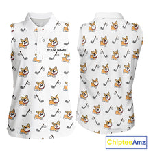 Load image into Gallery viewer, Womens Sleeveless Golf Polo Shirt Custom Cute Dogs Corgi Print White Golf Shirts, Dog Lover Gift NHN0069