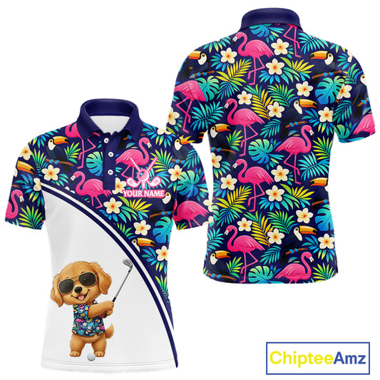 Mens Golf Polo Shirt Custom Tropical Golden Retriever Team Golf Tops For Men, Dog Lover Gift NHN0201
