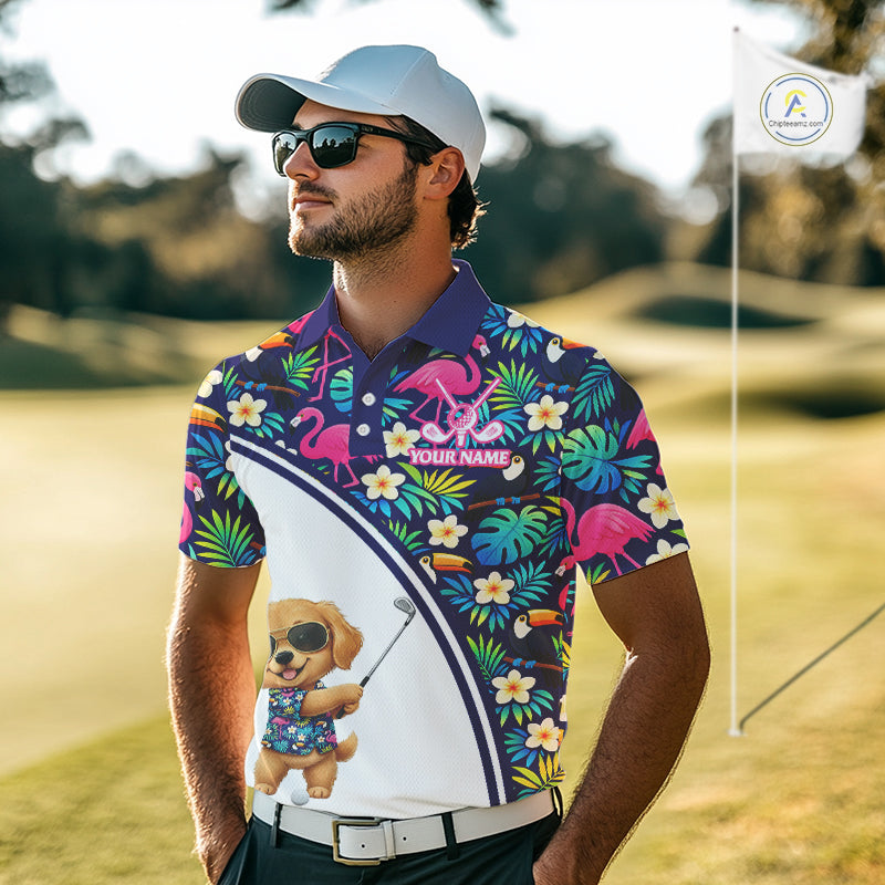 Mens Golf Polo Shirt Custom Tropical Golden Retriever Team Golf Tops For Men, Dog Lover Gift NHN0201